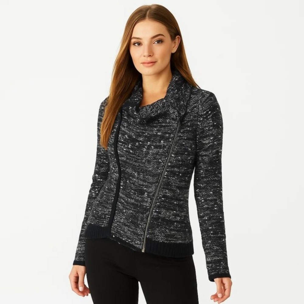 Willi Smith Grey Black Zip Up‎ Moto Style Women's Sweater Large Wool Mohair Cozy